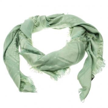 Pre Owned Gucci Metallic Green Silk and Wool Guccissima Fringe Detail Square Scarf