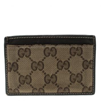 Pre Owned Gucci Beige/Brown GG Canvas and Leather Card Case