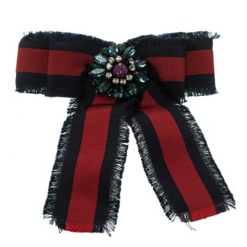 Pre Owned Gucci Crystal Blue & Red Web Grosgrain Frayed Bow Brooch 