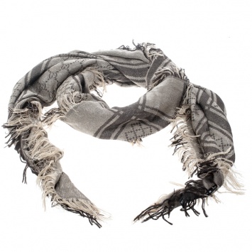 Pre Owned Gucci Metallic Beige and Brown GG Pattern Silk and Wool Shawl