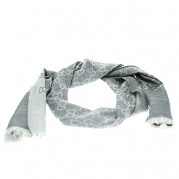 Pre Owned Gucci Grey and White Guccissima Jacquard Pattern Wool and Silk Fringed Edge Stole