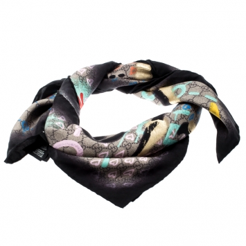 Pre Owned Gucci Ghost 'Life is Gucci'  Monogram Printed Silk Square Scarf