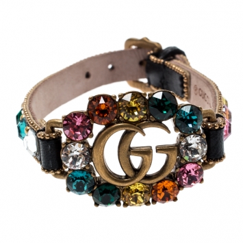 Pre Owned Gucci Double G Multicolor Crystal Studded Leather Bracelet S