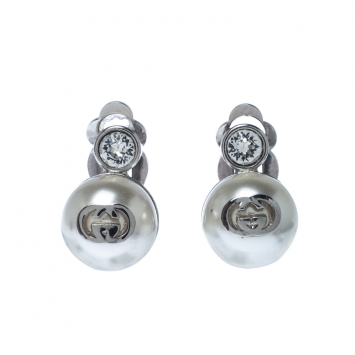 Pre Owned Gucci Silver Tone Faux Pearl Crystal Clip On Earrings
