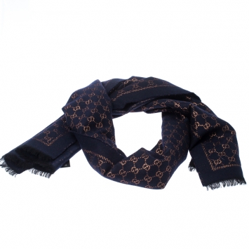 Pre Owned Gucci Navy Blue Wool and Silk Blend Metallic Monogram Guccissima Scarf