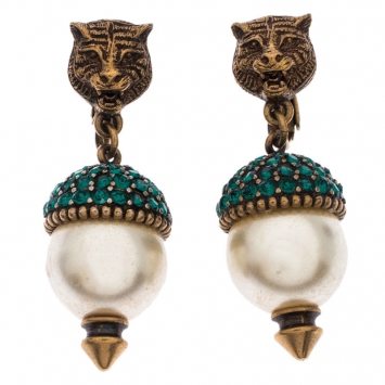 Pre Owned Gucci Antique Gold Tone Feline Pearl and Crystal Clip On Drop Earrings