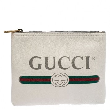 Pre Owned Gucci White Leather Logo Print Zip Pouch