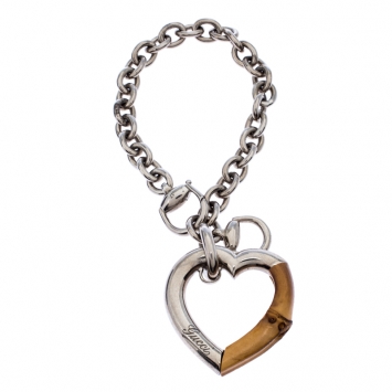 Pre Owned Gucci Bamboo Heart Silver Chain Link Charm Bracelet