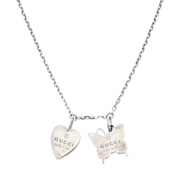 Pre Owned Gucci Butterfly & Heart Charm Silver Pendant Necklace