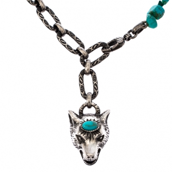 Pre Owned Gucci Turquoise Green Wolf Anger Forest Pendant Antique Silver Tone Necklace