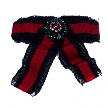 Pre Owned Gucci Crystal Blue & Red Web Grosgrain Frayed Bow Brooch 