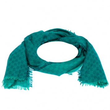 Pre Owned Gucci Teal Monogram Pattern Jacquard Wool Blend Stole