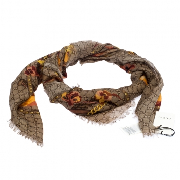 Pre Owned Gucci Brown Big Panshie GG Print Wool Shawl
