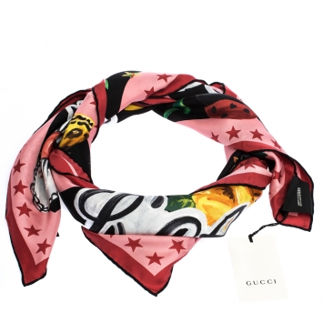 Pre Owned Gucci Black Jakam Print Silk Square Scarf