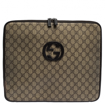 Pre Owned Gucci Beige/Brown GG Supreme Canvas and Leather Interlocking Logo Laptop Case