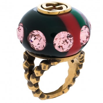 Pre Owned Gucci Logo Resin Crystal Embellished Gold Tone Cocktail Ring Size 50.5
