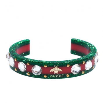 Pre Owned Gucci Red & Green Speckled Resin Crystal Open Cuff