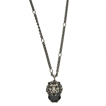 Pre Owned Gucci Aged Silver Tone Crystal Lion Head Pendant Necklace