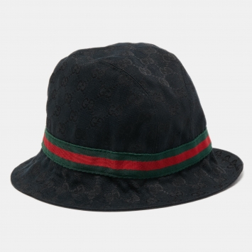 Pre Owned Gucci Black Web Detail GG Canvas Bucket Hat S