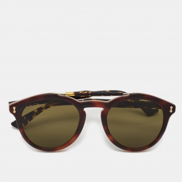 Pre Owned Gucci Brown Tortoise GG0124S Round Sunglasses