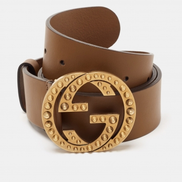 Pre Owned Gucci Brown Leather Interlocking Spike GG Buckle Belt 90CM