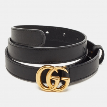 Pre Owned Gucci Black Leather Double G Buckle Slim Belt 85 CM