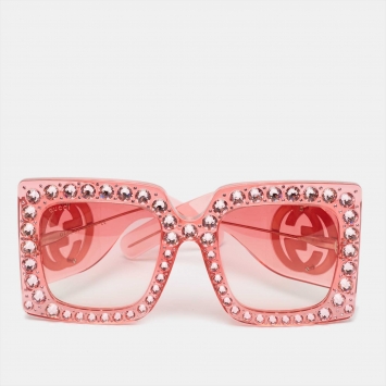 Pre Owned Gucci Pink Gradient GG0145S Crystals Oversized Sunglasses