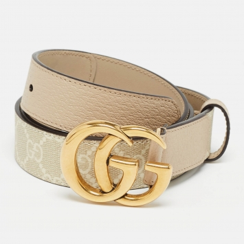Pre Owned Gucci Beige GG Supreme Canvas and Leather GG Marmont Slim Belt 90 CM