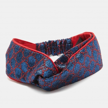 Pre Owned Gucci Blue/Red Metallic Lurex Silk GG Supreme Headband