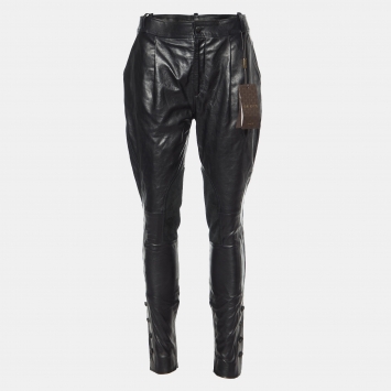 Pre Owned Gucci Black Leather Button Detail Pants S