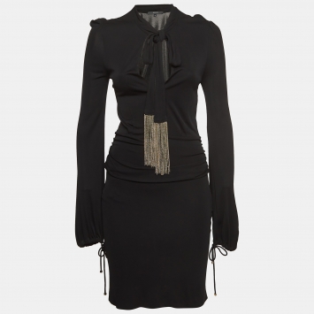 Pre Owned Gucci Black Jersey Detailed Neck Tie Ruched Short Dress M