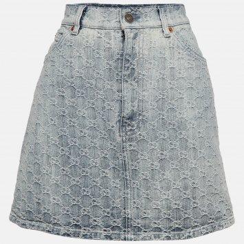 Pre Owned Gucci Blue Logo Monogram Patterned Denim Mini Skirt S