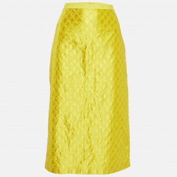 Pre Owned Gucci Yellow GG Patterned Silk Midi Skirt L