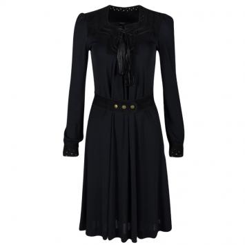 Pre Owned Gucci Navy Blue Suede Trim Tassel Detail Belted Long Sleeve Dress XS