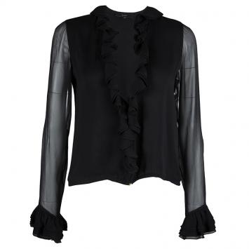 Pre Owned Gucci Black Silk Ruffle Detail Long Sleeve Sheer Blouse S