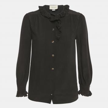Pre Owned Gucci Black Silk Ruffled Long Sleeve Shirt M