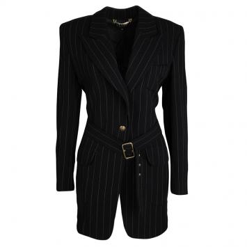 Pre Owned Gucci Black Wool Pinstriped Belted Long Blazer S