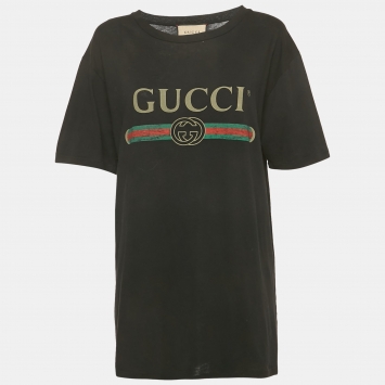 Gucci Black Vintage Logo Print Cotton Distressed T-Shirt M
