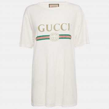 Gucci White Vintage Logo Print Jersey Distressed T-Shirt S