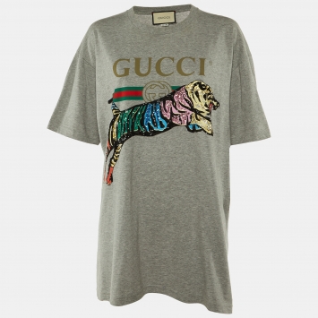 Gucci Grey Cotton Tiger Embellished Crew Neck T-Shirt L
