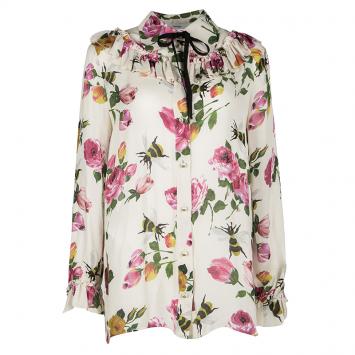 Pre Owned Gucci Beige Floral Print Silk Ruffle Detail Long Sleeve Blouse L