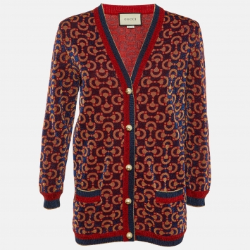 Pre Owned Gucci Blue/Red Horsebit Lurex Knit Button Front Cardigan L