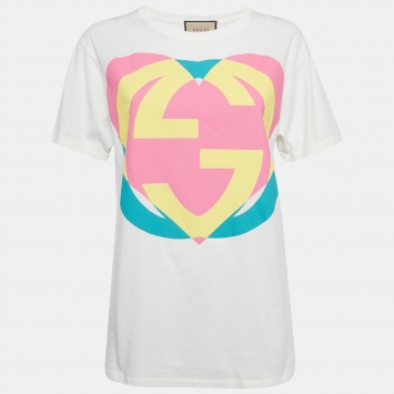 Pre Owned Gucci White Interlocking G Heart Print Cotton Oversized T-Shirt XXS
