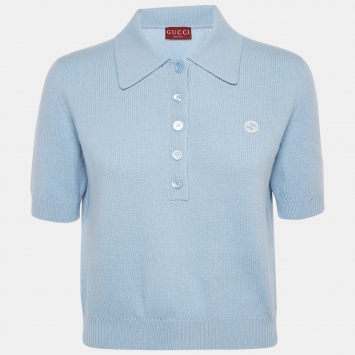 Pre Owned Gucci Light Blue Logo Embroidered Wool Polo Top L