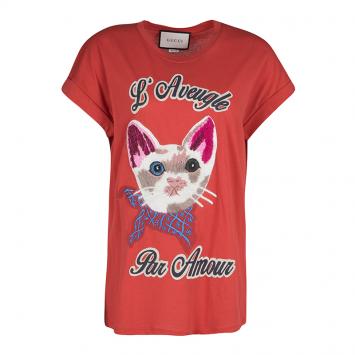 Pre Owned Gucci L'aveugle Par Amour Red Embroidered Cat Motif T-Shirt L