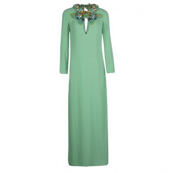 Pre Owned Gucci Mint Green Neck Embellished Long Sleeve Silk Maxi Dress M