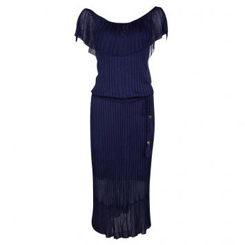 Pre Owned Gucci Navy Blue Perforated Rib Knit Ruffle Detail Belted Maxi Dress M