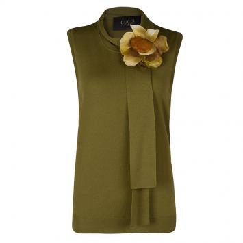 Pre Owned Gucci Olive Green Floral Brooch Tie Detail Sleeveless Wool Top L