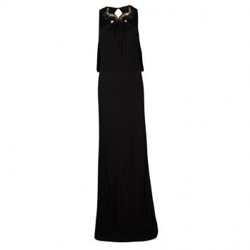 Pre Owned Gucci Black Embellished Neck Draped Sleeveless Gown M