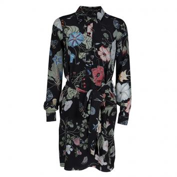Pre Owned Kris Knight For Gucci Black Floral Printed Silk Belted Dress S